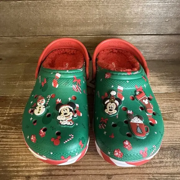 New $65 Big Kids Crocs Disney Mickey‎ Mouse Holiday Lined Sandals Shoes Size 3 Y