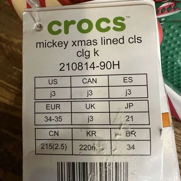New $65 Big Kids Crocs Disney Mickey‎ Mouse Holiday Lined Sandals Shoes Size 3 Y