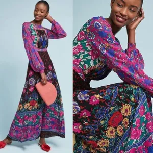 NEW Anthropologie Moulinette Soeurs Emporia Boho Lined Pink Maxi Dress Size: 6