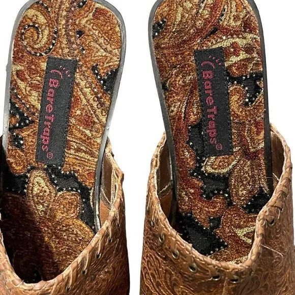 NEW Baretraps Ace Brown Embossed Leather Soft Pretty Insole Mule Heels‎ — SZ 8