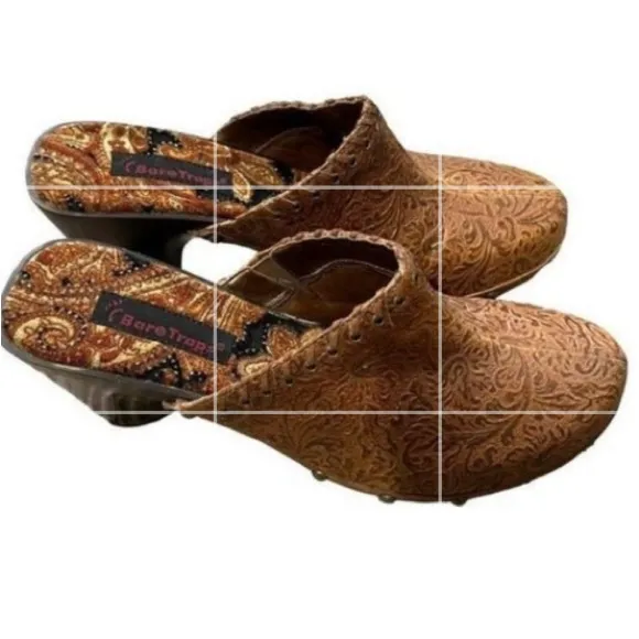 NEW Baretraps Ace Brown Embossed Leather Soft Pretty Insole Mule Heels‎ — SZ 8
