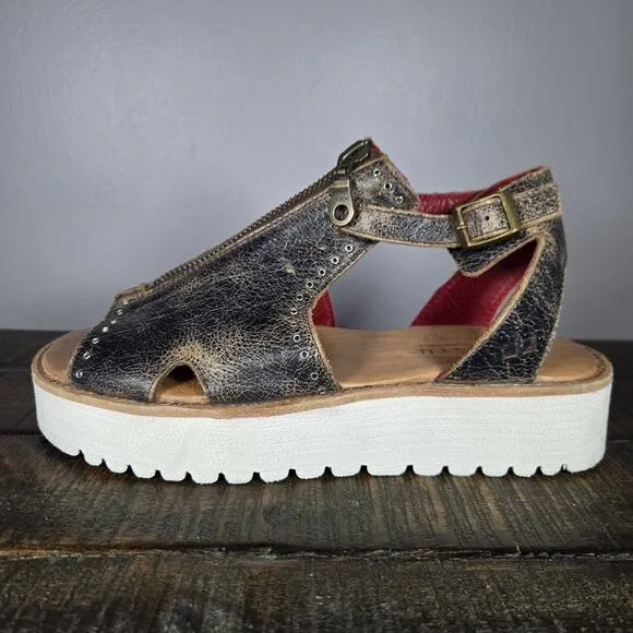 NEW Bed Stu Clancy Womens Size 8 Leather Rustic Zip Platform Sandals Brown