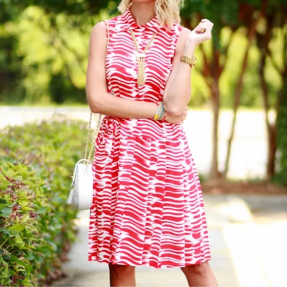 New Cabi Brushstroke Pleated Midi Dress Red White Modern #281 Size Small
