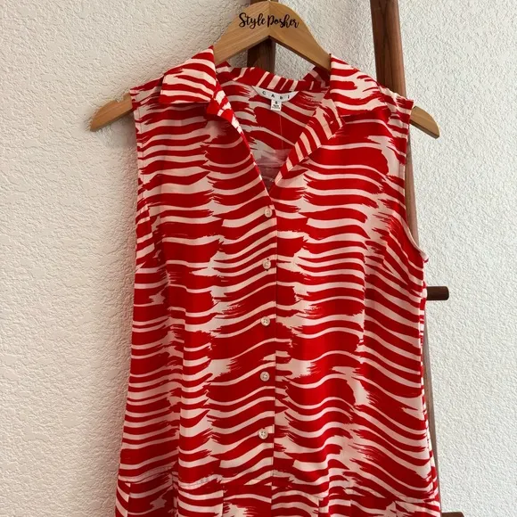 New Cabi Brushstroke Pleated Midi Dress Red White Modern #281 Size Small
