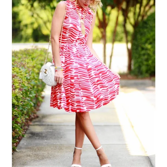 New Cabi Brushstroke Pleated Midi Dress Red White Modern #281 Size Small