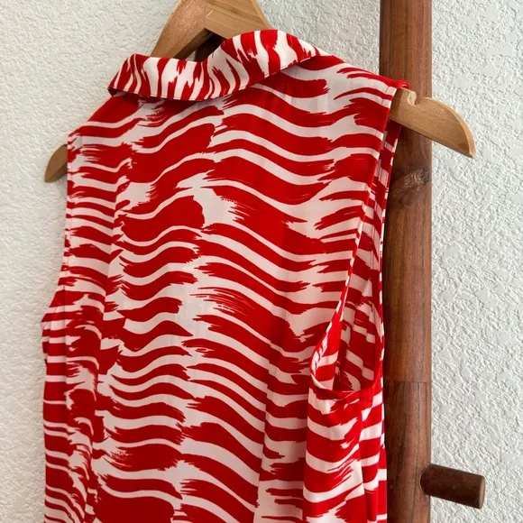 New Cabi Brushstroke Pleated Midi Dress Red White Modern #281 Size Small