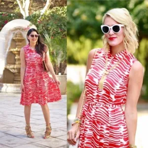 New Cabi Brushstroke Pleated Midi Dress Red White Modern #281 Size Small