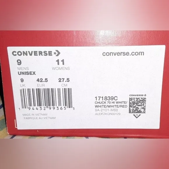 New, Converse Chuck 70 High White/Red, Mens 9, Womens 11 Sneakers