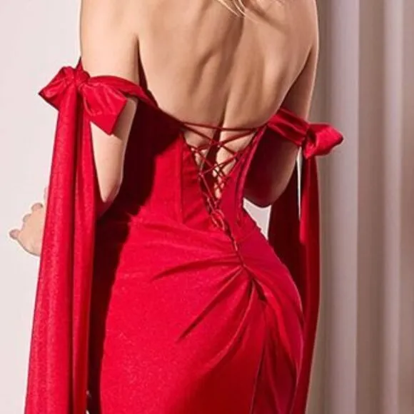 NEW FORMAL SHEATH SOLID SATIN DRESS W/ OFF THE SHOULDER TIES STRAPS CD KV1120