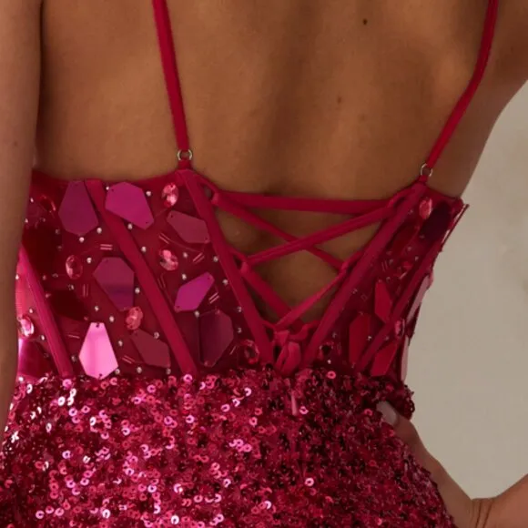NEW FORMAL SLEEVELESS MINI SEQUIN EMBELLISHED DRESS W/ LACE UP BACK AC 5057S