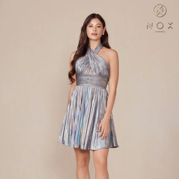 NEW FORMAL SLEEVELESS PLEATED DRESS W/ HALTER NECKLINE &amp; A-LINE DESIGN NX K822