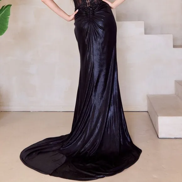 NEW FORMAL SLEEVELESS STRAPLESS SHEATH DRESS W/ COWL NECK &amp; SHEER BODICE AC 9055