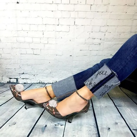 New Giorgio Armani Women High Heel Shoes Gray Patent Leather Wedge Sandals 8.5