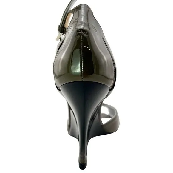 New Giorgio Armani Women High Heel Shoes Gray Patent Leather Wedge Sandals 8.5