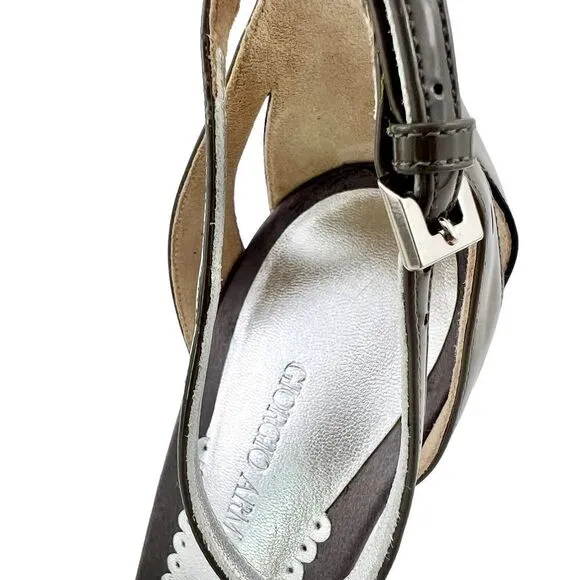 New Giorgio Armani Women High Heel Shoes Gray Patent Leather Wedge Sandals 8.5