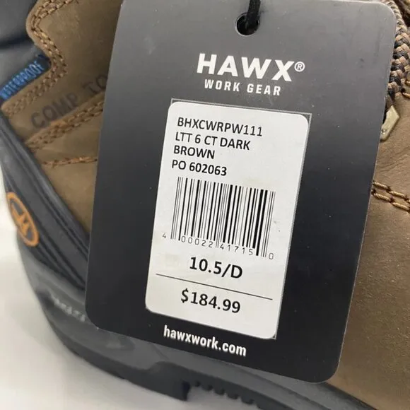 NEW Hawx Lace-To-Toe Waterproof Work Boots Brown Men’s Size 10.5
