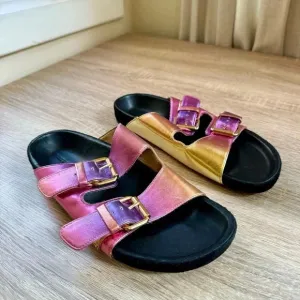 New Isabel Marant Lennyo Leather Slide Sandals Buckle Metallic Pink Sunset