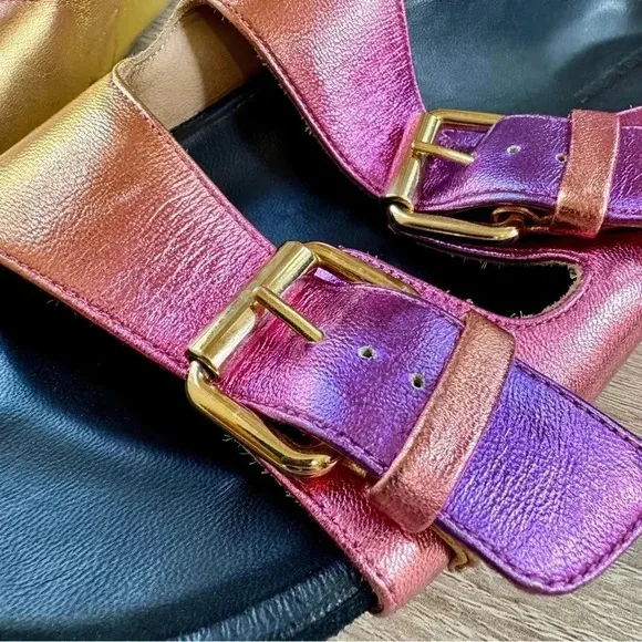 New Isabel Marant Lennyo Leather Slide Sandals Buckle Metallic Pink Sunset