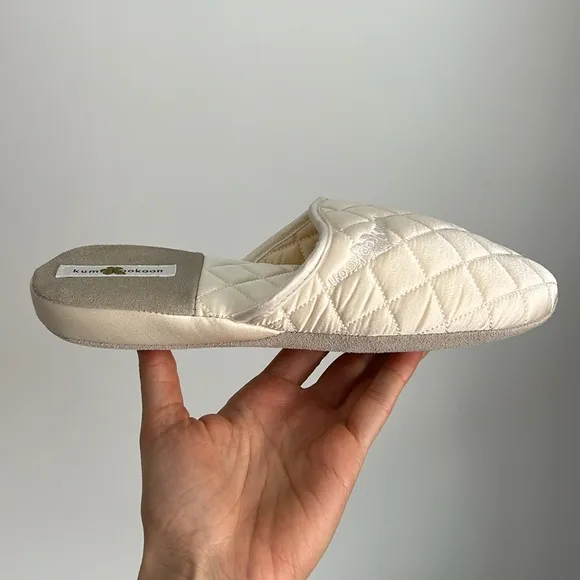 NEW kumi kookoon ivory quilted mulberry silk charmeuse slippers suede heel spa