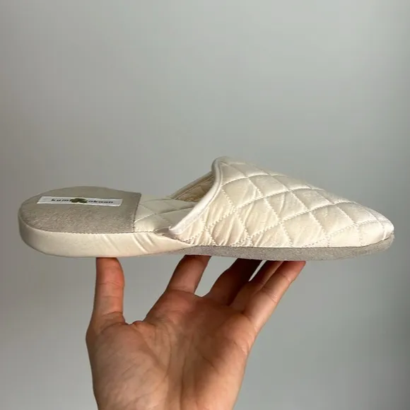 NEW kumi kookoon ivory quilted mulberry silk charmeuse slippers suede heel spa