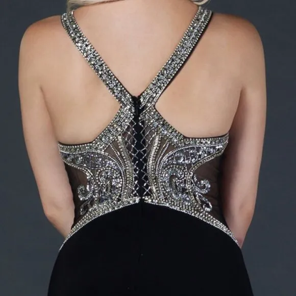 NEW LONG BLACK FORMAL SLEEVELESS MERMAID GOWN W/ ILLUSION PLUNGING NECK AS L2092