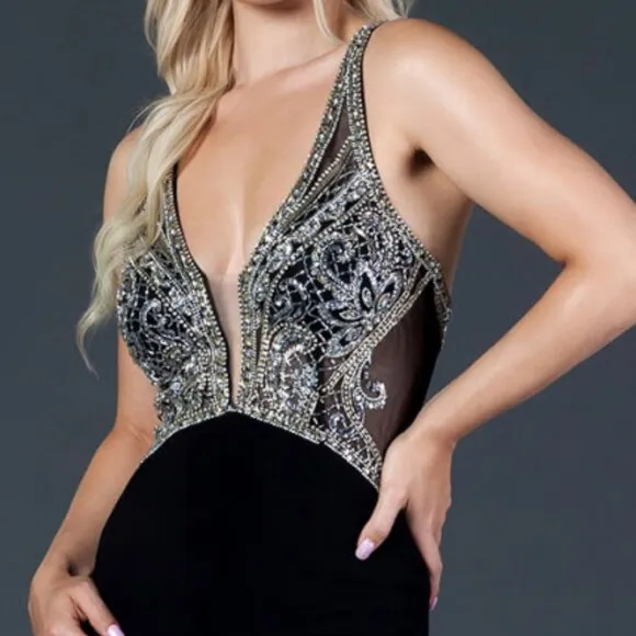 NEW LONG BLACK FORMAL SLEEVELESS MERMAID GOWN W/ ILLUSION PLUNGING NECK AS L2092