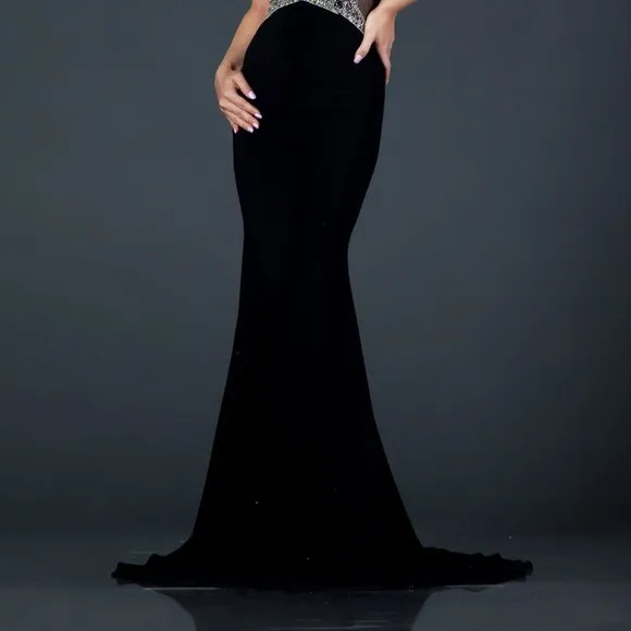 NEW LONG BLACK FORMAL SLEEVELESS MERMAID GOWN W/ ILLUSION PLUNGING NECK AS L2092
