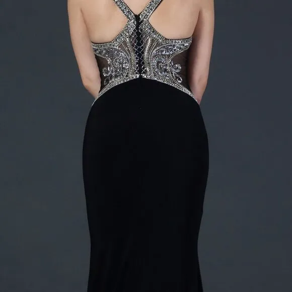 NEW LONG BLACK FORMAL SLEEVELESS MERMAID GOWN W/ ILLUSION PLUNGING NECK AS L2092