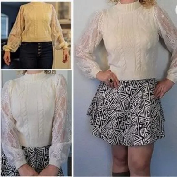 New Long Lace Sleeve Pullover Knit Sweater Top In Beige
