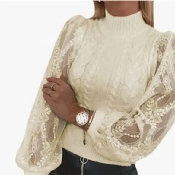 New Long Lace Sleeve Pullover Knit Sweater Top In Beige