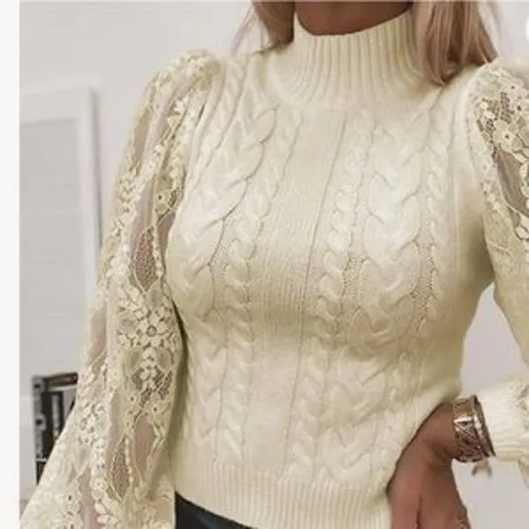 New Long Lace Sleeve Pullover Knit Sweater Top In Beige