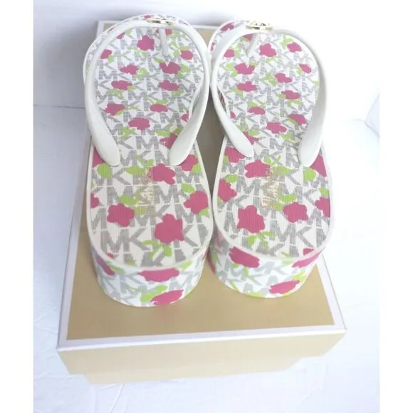 New! MICHAEL KORS MK Logo Jet Set Bedford Platform Wedge Thong Sandals Shoes