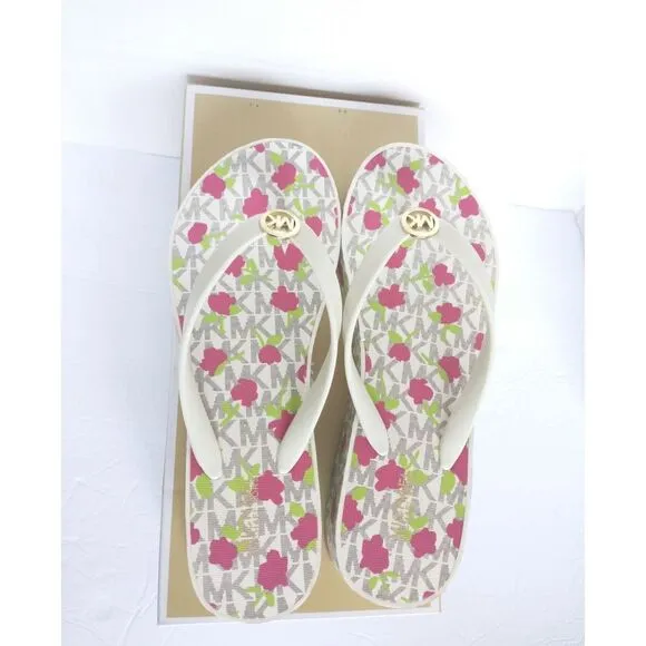 New! MICHAEL KORS MK Logo Jet Set Bedford Platform Wedge Thong Sandals Shoes