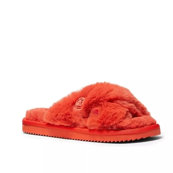 New! MICHAEL KORS Women's Lala Faux Fur Slide Sandals Slippers Sea Coral Size 6