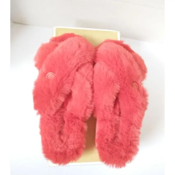 New! MICHAEL KORS Women's Lala Faux Fur Slide Sandals Slippers Sea Coral Size 6