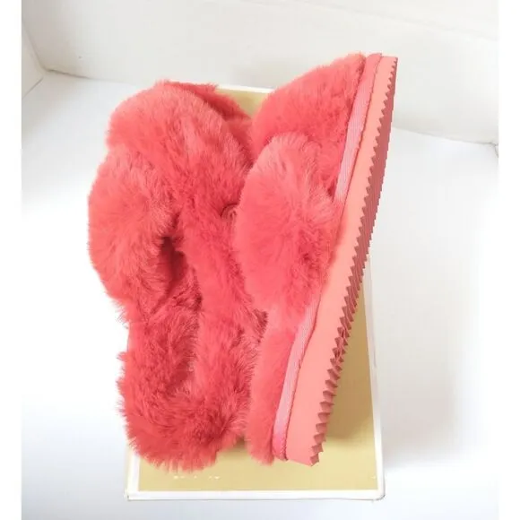 New! MICHAEL KORS Women's Lala Faux Fur Slide Sandals Slippers Sea Coral Size 6