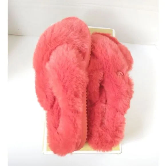 New! MICHAEL KORS Women's Lala Faux Fur Slide Sandals Slippers Sea Coral Size 6