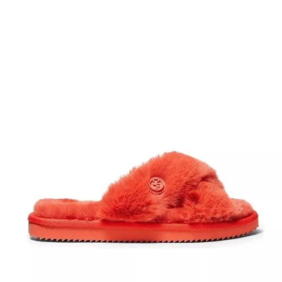 New! MICHAEL KORS Women's Lala Faux Fur Slide Sandals Slippers Sea Coral Size 6