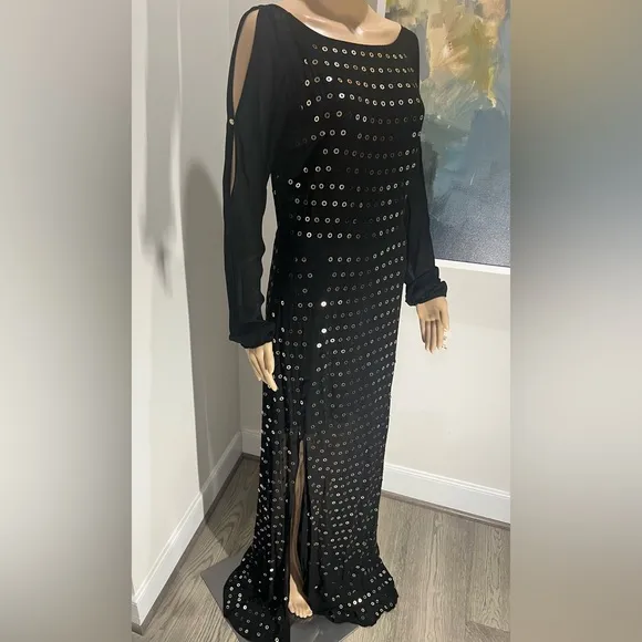 New Patricia Pepe gown , black with gold oversized sequins,very modern &amp; elegant