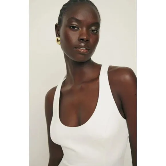NEW Reformation Mikol Pleated Midi Dress Glam A-Line Scoop Neck White Size Small