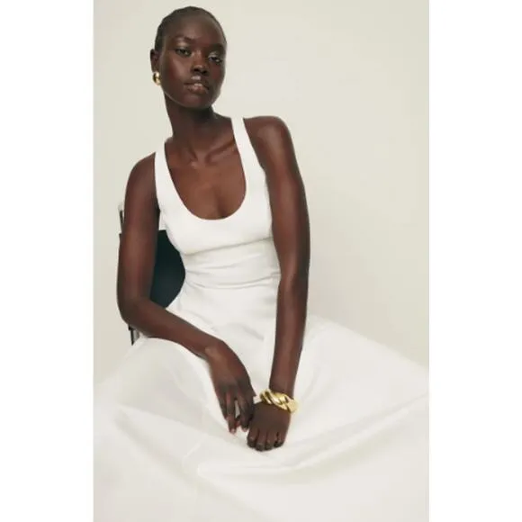 NEW Reformation Mikol Pleated Midi Dress Glam A-Line Scoop Neck White Size Small