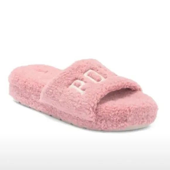 New Robin Platform 7 Pink Faux Shearling Embroidered Sherpa Slide Slippers