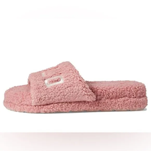 New Robin Platform 7 Pink Faux Shearling Embroidered Sherpa Slide Slippers