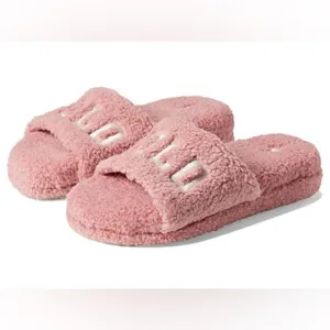 New Robin Platform 7 Pink Faux Shearling Embroidered Sherpa Slide Slippers