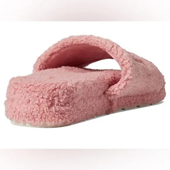 New Robin Platform 7 Pink Faux Shearling Embroidered Sherpa Slide Slippers