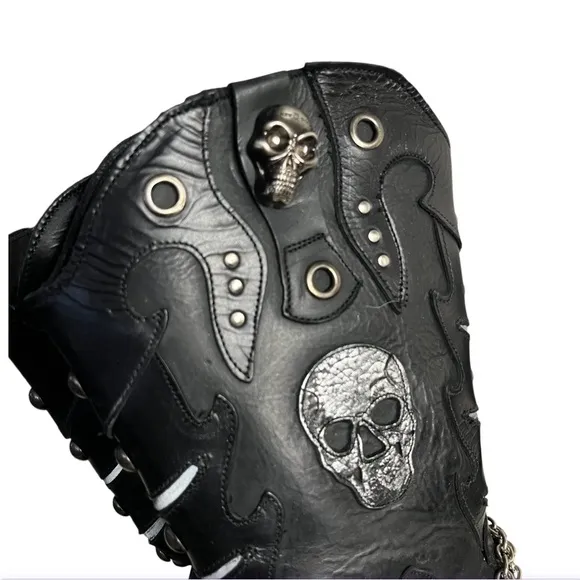 NEW ROCK Black Leather Boots Goth Skull Metallic Collection Size 41 US Size 9.5