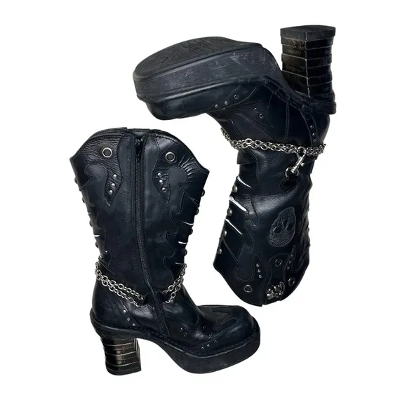 NEW ROCK Black Leather Boots Goth Skull Metallic Collection Size 41 US Size 9.5