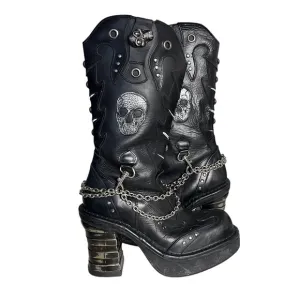 NEW ROCK Black Leather Boots Goth Skull Metallic Collection Size 41 US Size 9.5