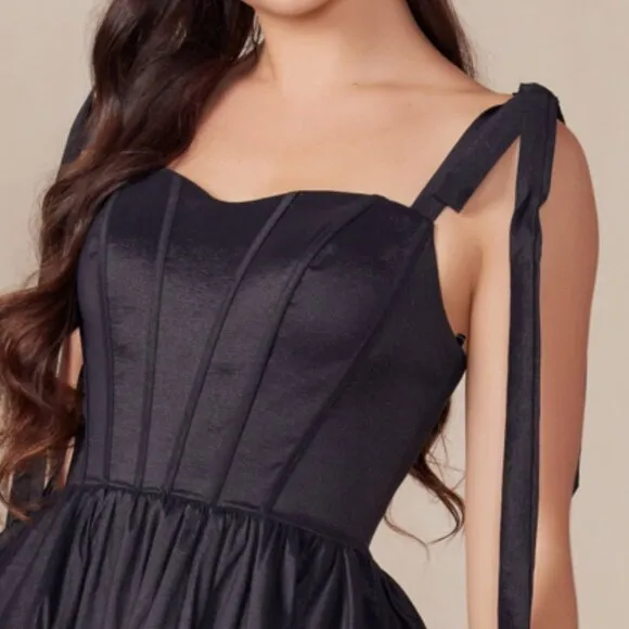 NEW SLEEVELESS A-LINE POCKETED SATIN DRESS W/ TIED STRAPS &amp; LACE UP BACK NX T869