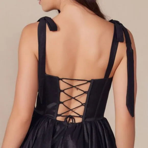 NEW SLEEVELESS A-LINE POCKETED SATIN DRESS W/ TIED STRAPS &amp; LACE UP BACK NX T869